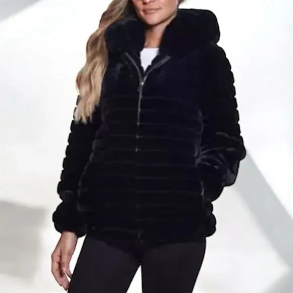 Gallery Women's Hooded Grooved Faux-Fur Jacket Black Size L - Picture 3 of 10